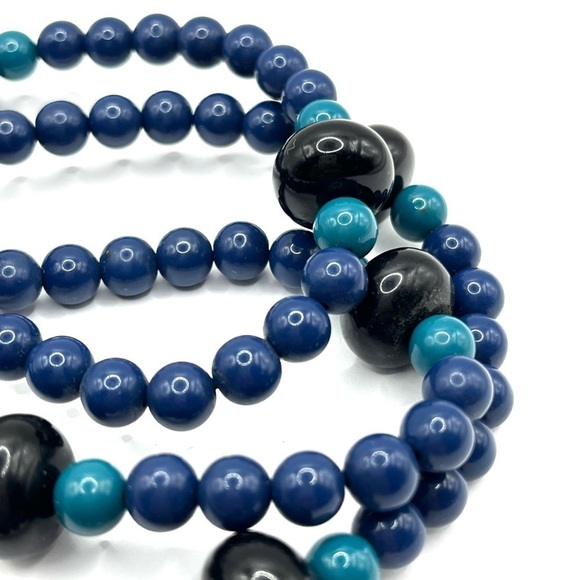 Trifari Beaded Necklace 30” Length Blue Black and Turquoise Blue Beaded Necklace - Picture 9 of 13